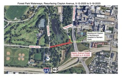 Map showing Clayton Ave. will be closed for resurfacing between Thursday, May 15 and Friday, May 16, 2025.
