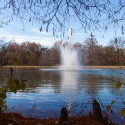 Round Lake's fountain sends water up toward a blue sky