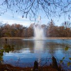 Round Lake's fountain sends water up toward a blue sky